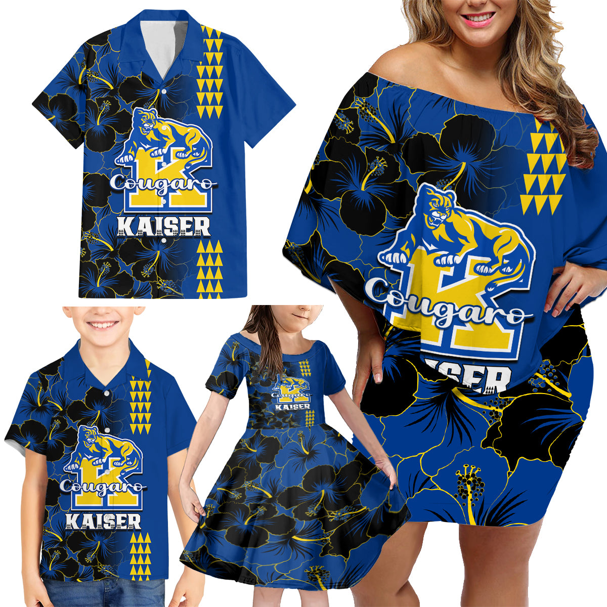 Personalised Hawaii Kaiser High School Family Matching Off Shoulder Short Dress and Hawaiian Shirt Kakau Mix Hibiscus Happy 52nd Anniversary - Wonder Print Shop