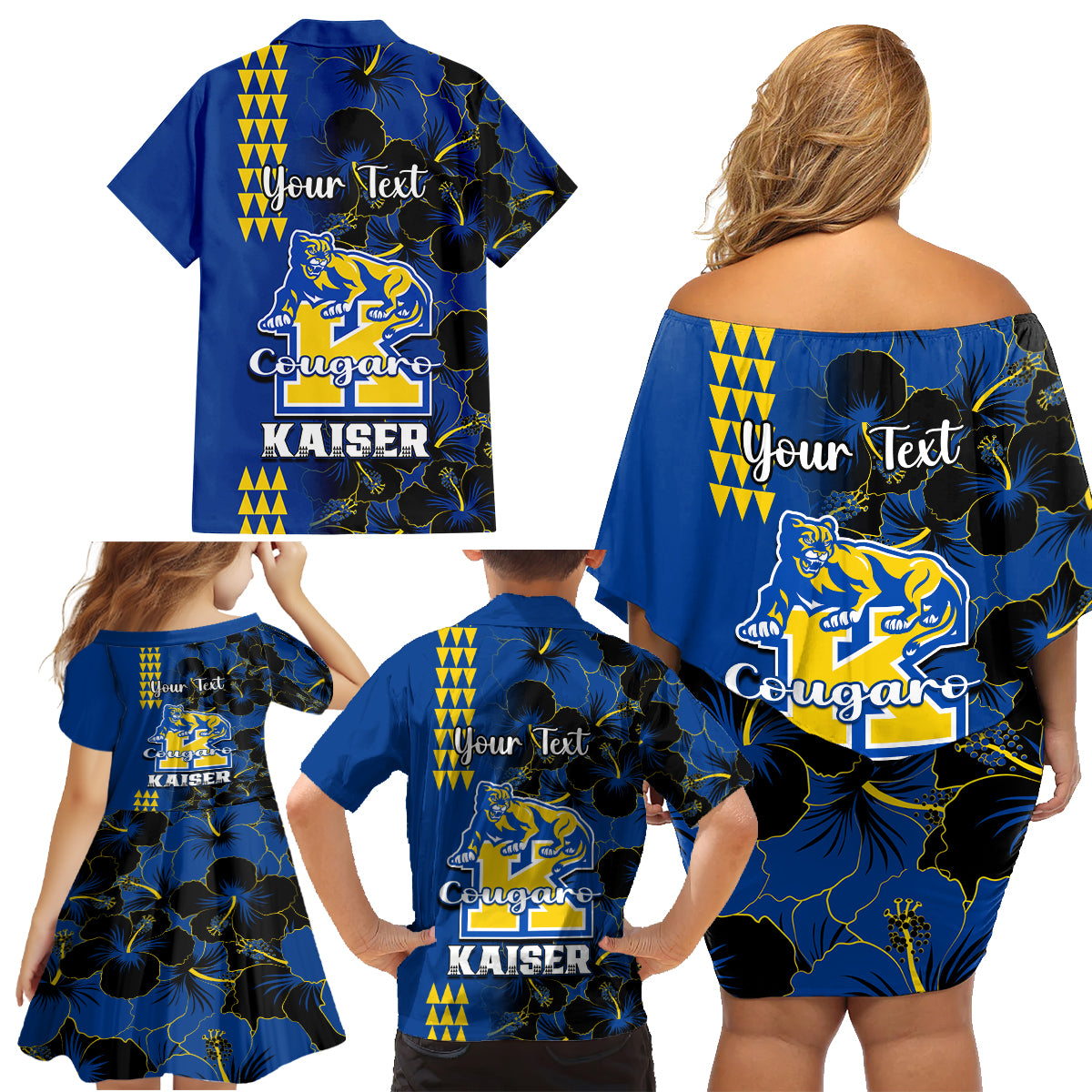 Personalised Hawaii Kaiser High School Family Matching Off Shoulder Short Dress and Hawaiian Shirt Kakau Mix Hibiscus Happy 52nd Anniversary - Wonder Print Shop