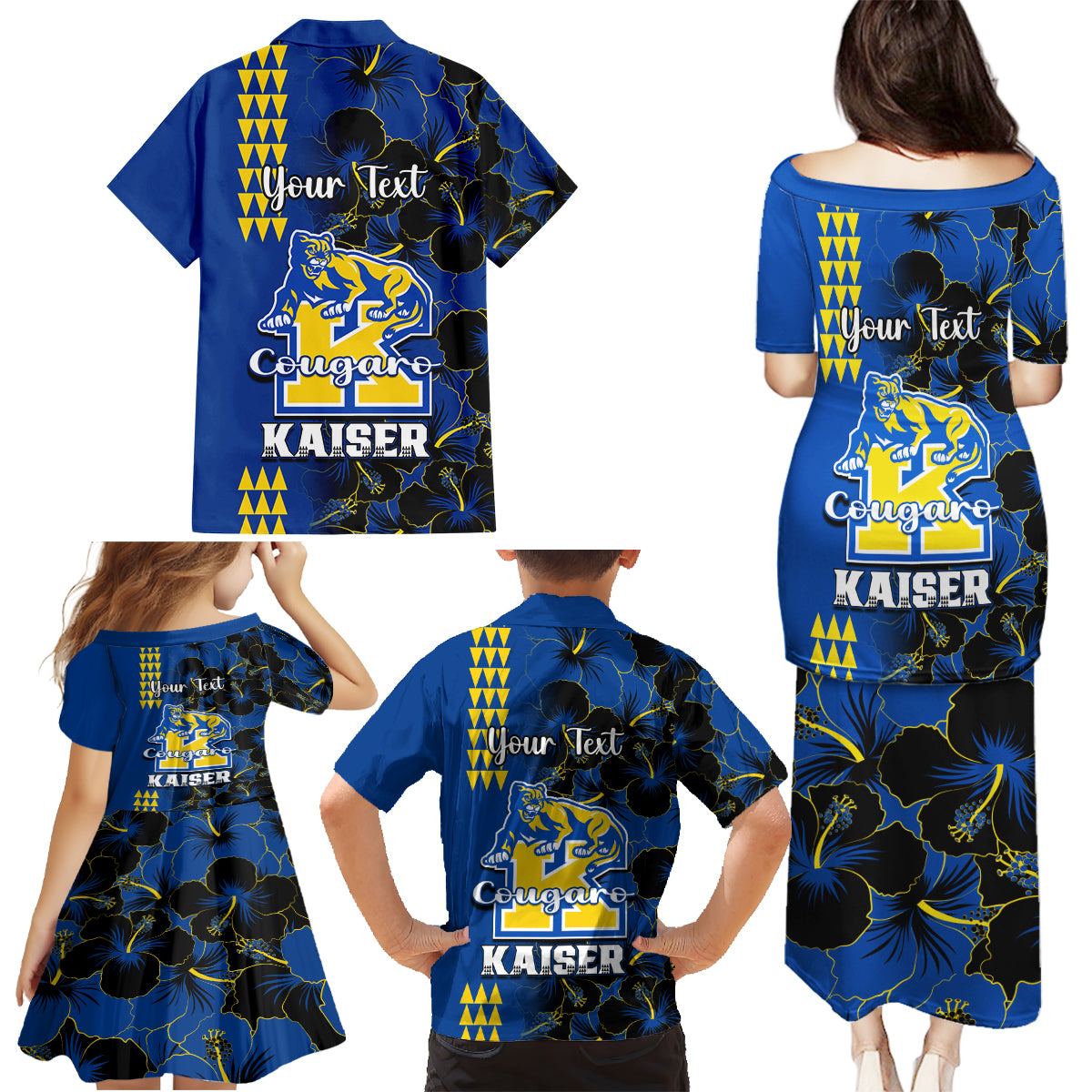 Personalised Hawaii Kaiser High School Family Matching Puletasi Dress and Hawaiian Shirt Kakau Mix Hibiscus Happy 52nd Anniversary - Wonder Print Shop