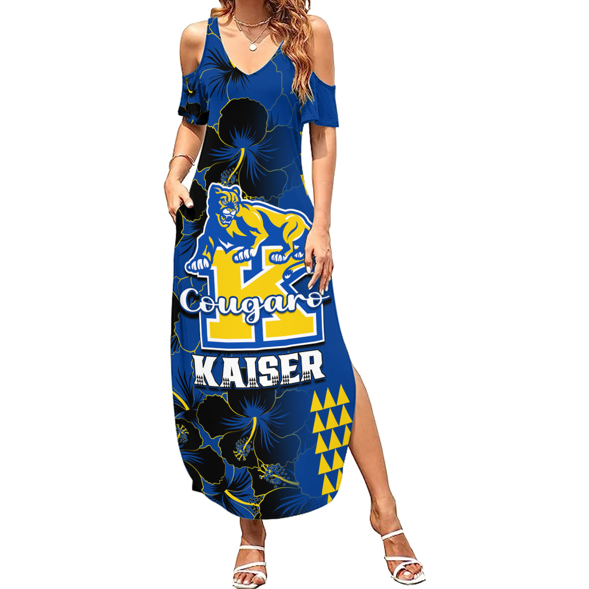 Personalised Hawaii Kaiser High School Family Matching Summer Maxi Dress and Hawaiian Shirt Kakau Mix Hibiscus Happy 52nd Anniversary - Wonder Print Shop