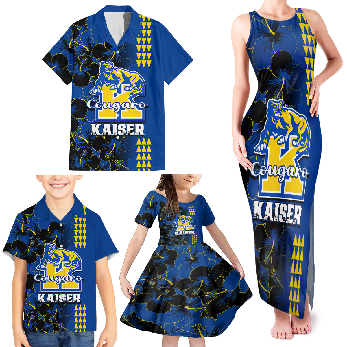 Personalised Hawaii Kaiser High School Family Matching Tank Maxi Dress and Hawaiian Shirt Kakau Mix Hibiscus Happy 52nd Anniversary - Wonder Print Shop