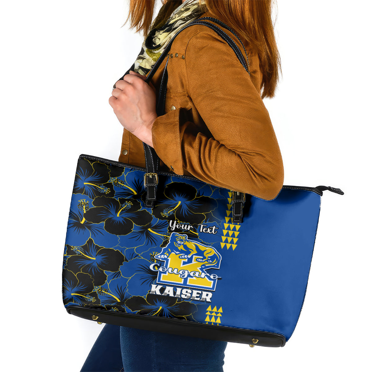Personalised Hawaii Kaiser High School Leather Tote Bag Kakau Mix Hibiscus Happy 52nd Anniversary - Wonder Print Shop