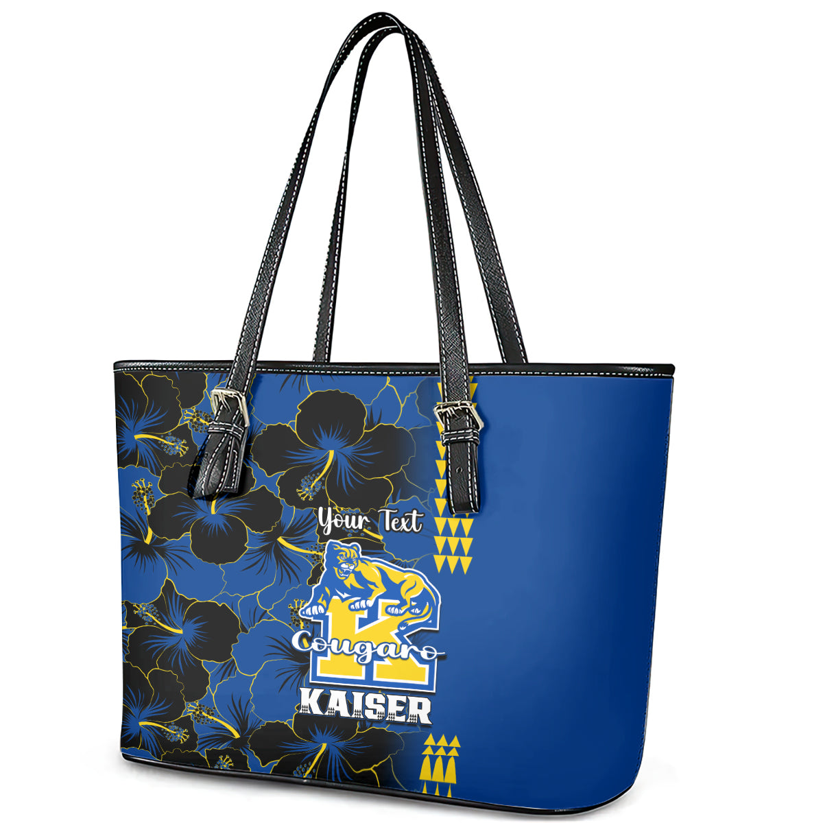 Personalised Hawaii Kaiser High School Leather Tote Bag Kakau Mix Hibiscus Happy 52nd Anniversary - Wonder Print Shop