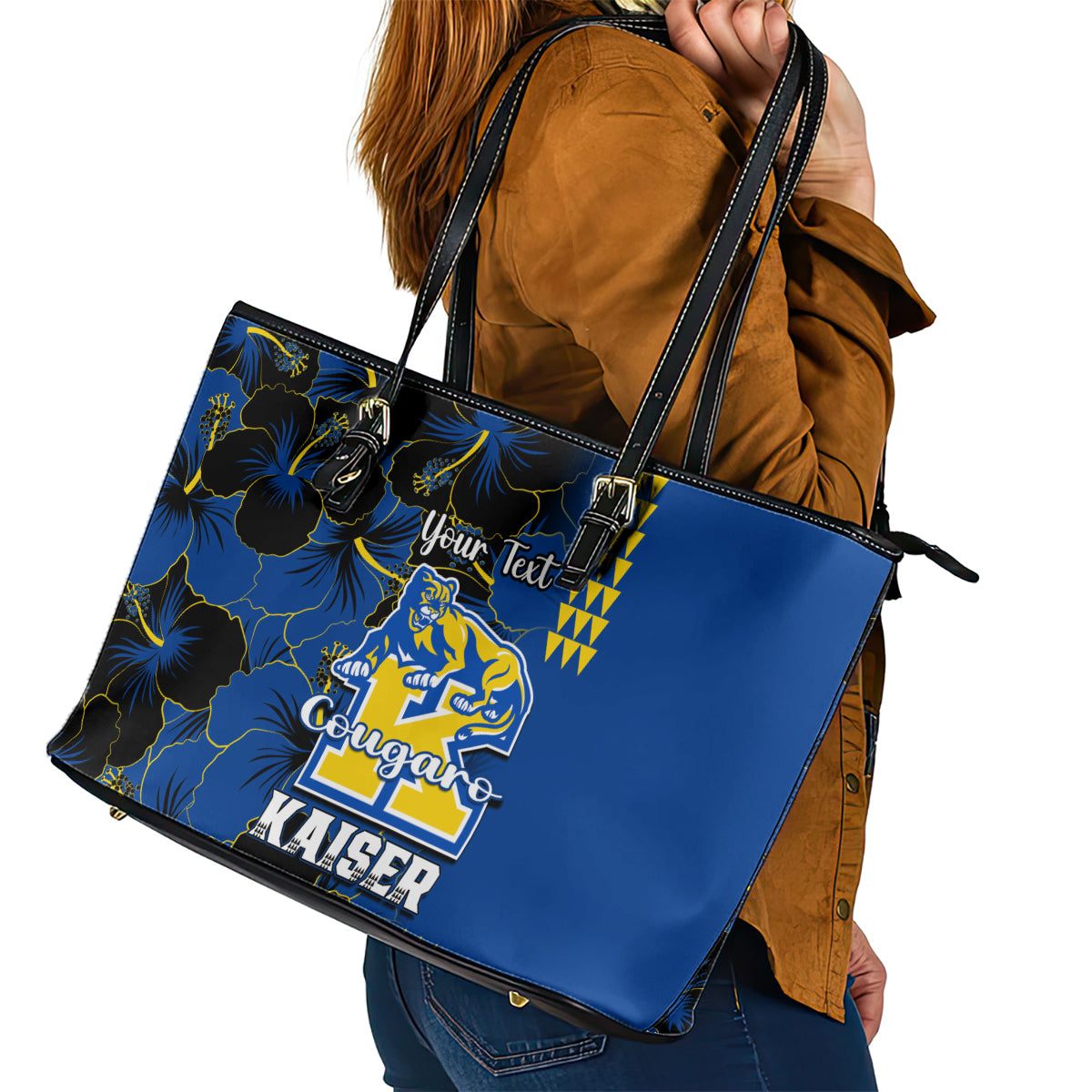 Personalised Hawaii Kaiser High School Leather Tote Bag Kakau Mix Hibiscus Happy 52nd Anniversary - Wonder Print Shop