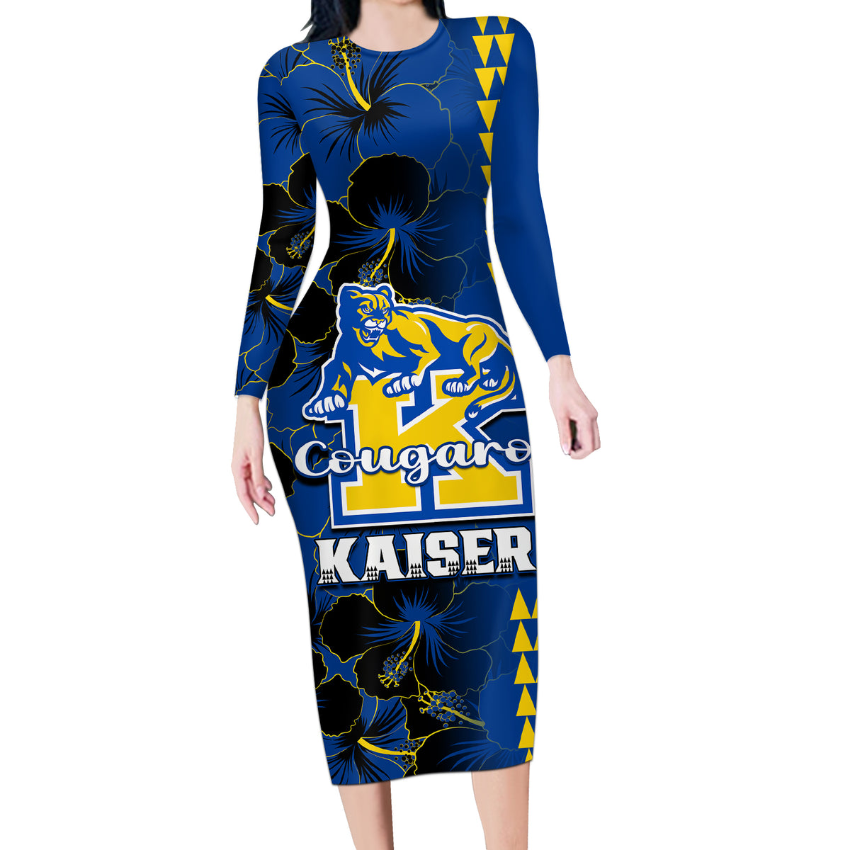 Personalised Hawaii Kaiser High School Long Sleeve Bodycon Dress Kakau Mix Hibiscus Happy 52nd Anniversary - Wonder Print Shop