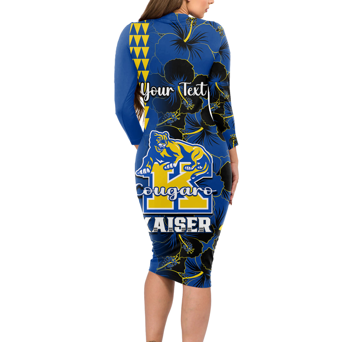 Personalised Hawaii Kaiser High School Long Sleeve Bodycon Dress Kakau Mix Hibiscus Happy 52nd Anniversary - Wonder Print Shop