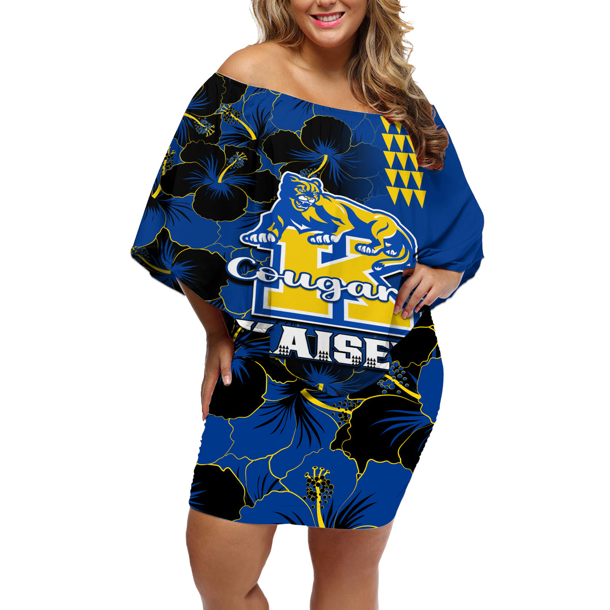 Personalised Hawaii Kaiser High School Off Shoulder Short Dress Kakau Mix Hibiscus Happy 52nd Anniversary - Wonder Print Shop