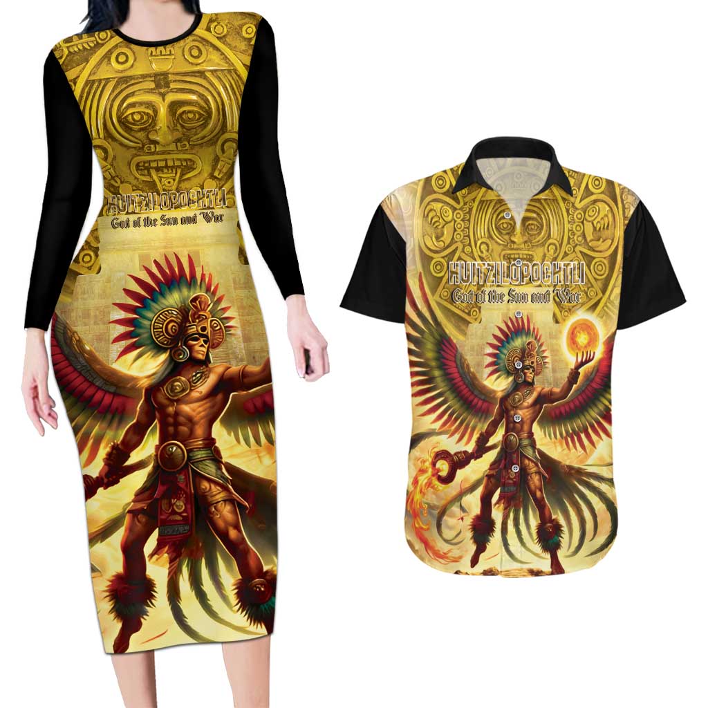 Mexico Panquetzaliztli Couples Matching Long Sleeve Bodycon Dress and Hawaiian Shirt Huitzilopochtli - Aztec God of Sun and War - Wonder Print Shop