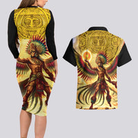 Mexico Panquetzaliztli Couples Matching Long Sleeve Bodycon Dress and Hawaiian Shirt Huitzilopochtli - Aztec God of Sun and War - Wonder Print Shop
