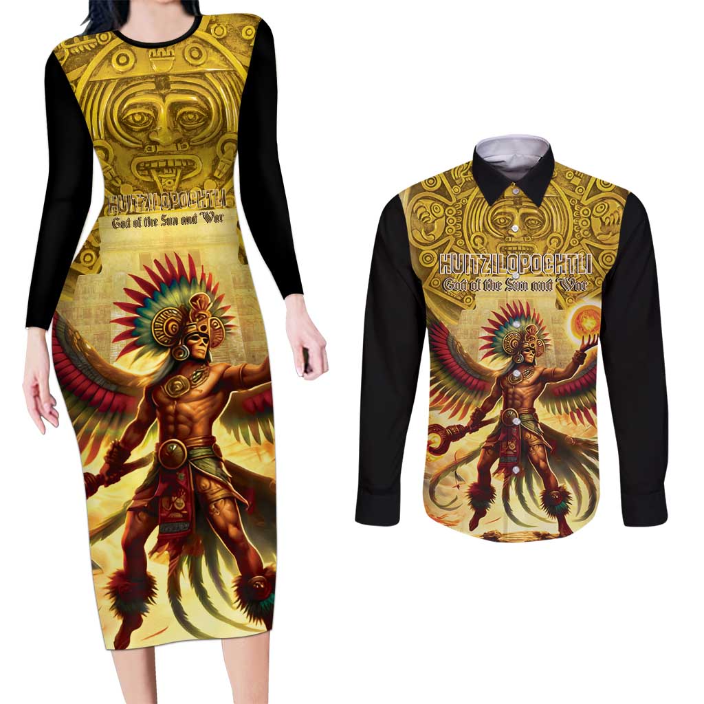 Mexico Panquetzaliztli Couples Matching Long Sleeve Bodycon Dress and Long Sleeve Button Shirt Huitzilopochtli - Aztec God of Sun and War - Wonder Print Shop