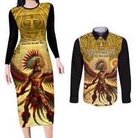 Mexico Panquetzaliztli Couples Matching Long Sleeve Bodycon Dress and Long Sleeve Button Shirt Huitzilopochtli - Aztec God of Sun and War - Wonder Print Shop