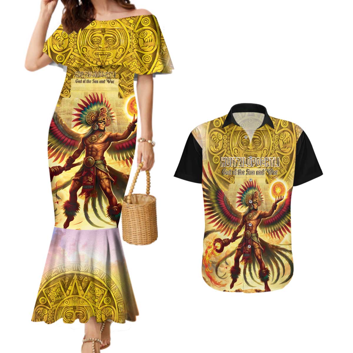 Mexico Panquetzaliztli Couples Matching Mermaid Dress and Hawaiian Shirt Huitzilopochtli - Aztec God of Sun and War - Wonder Print Shop