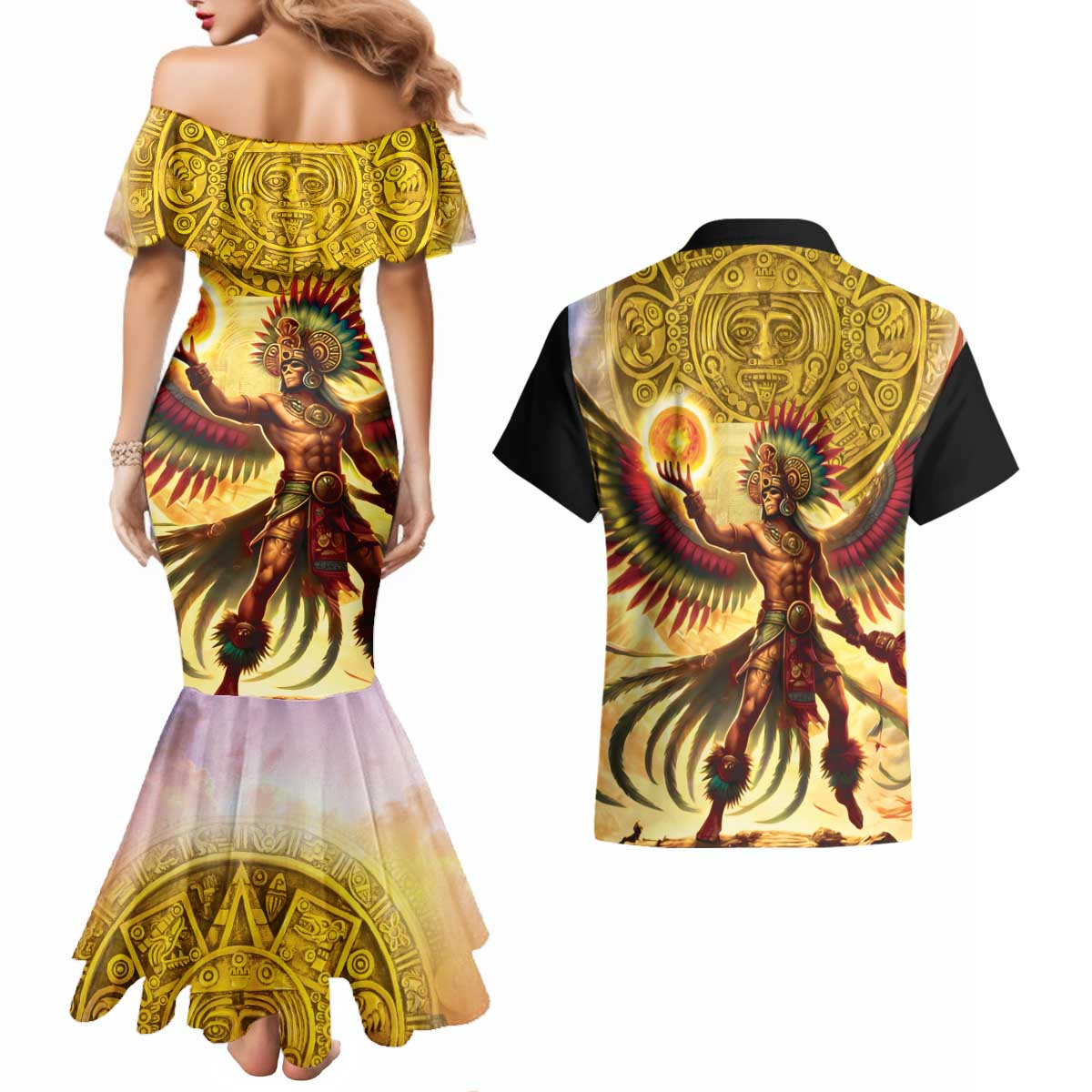 Mexico Panquetzaliztli Couples Matching Mermaid Dress and Hawaiian Shirt Huitzilopochtli - Aztec God of Sun and War - Wonder Print Shop