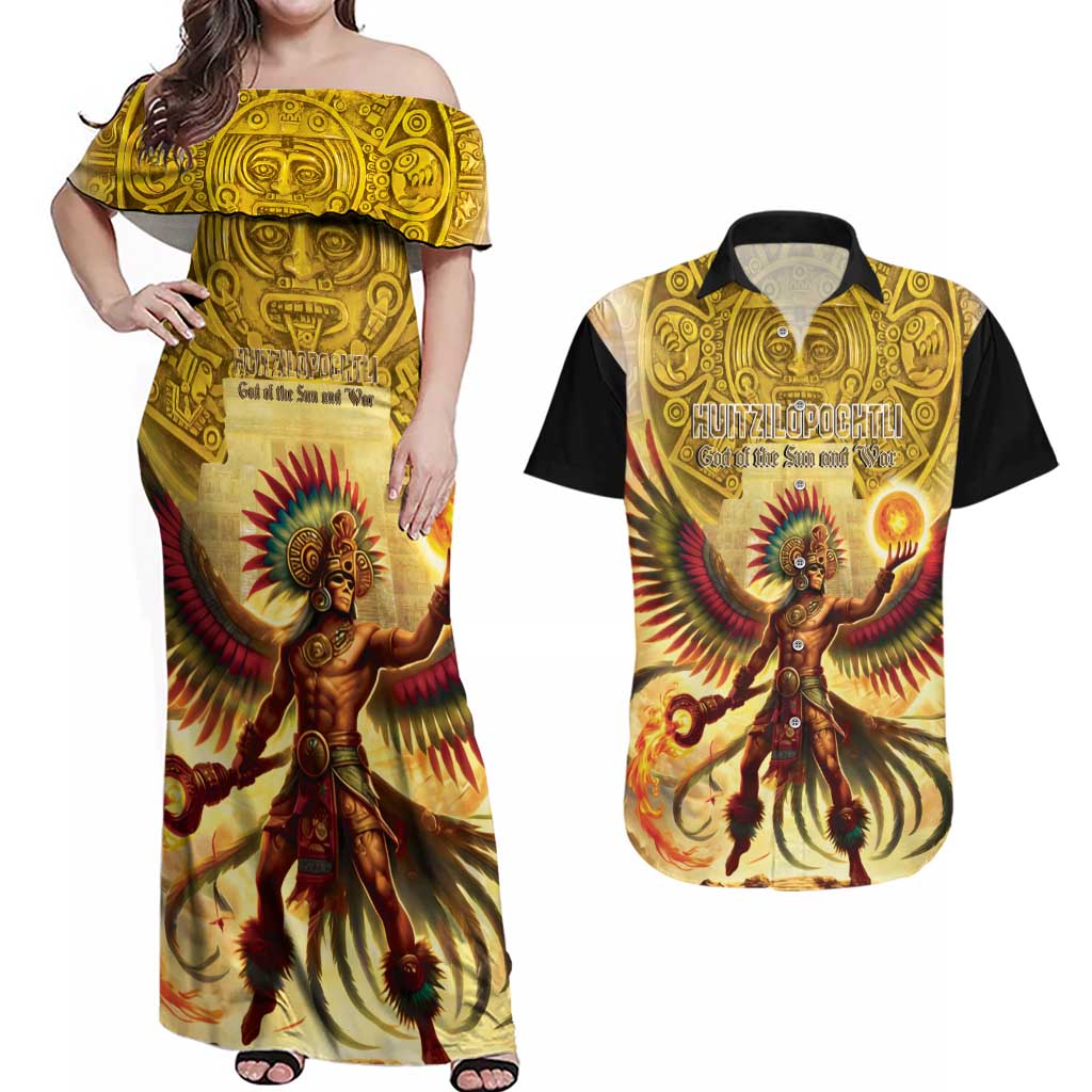 Mexico Panquetzaliztli Couples Matching Off Shoulder Maxi Dress and Hawaiian Shirt Huitzilopochtli - Aztec God of Sun and War - Wonder Print Shop