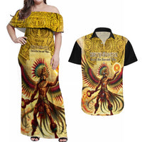 Mexico Panquetzaliztli Couples Matching Off Shoulder Maxi Dress and Hawaiian Shirt Huitzilopochtli - Aztec God of Sun and War - Wonder Print Shop