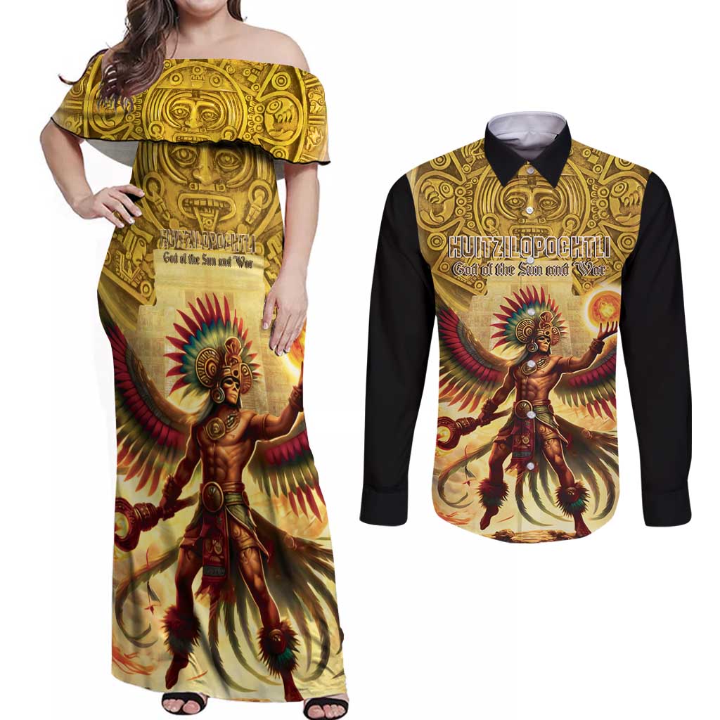 Mexico Panquetzaliztli Couples Matching Off Shoulder Maxi Dress and Long Sleeve Button Shirt Huitzilopochtli - Aztec God of Sun and War - Wonder Print Shop