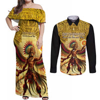 Mexico Panquetzaliztli Couples Matching Off Shoulder Maxi Dress and Long Sleeve Button Shirt Huitzilopochtli - Aztec God of Sun and War - Wonder Print Shop