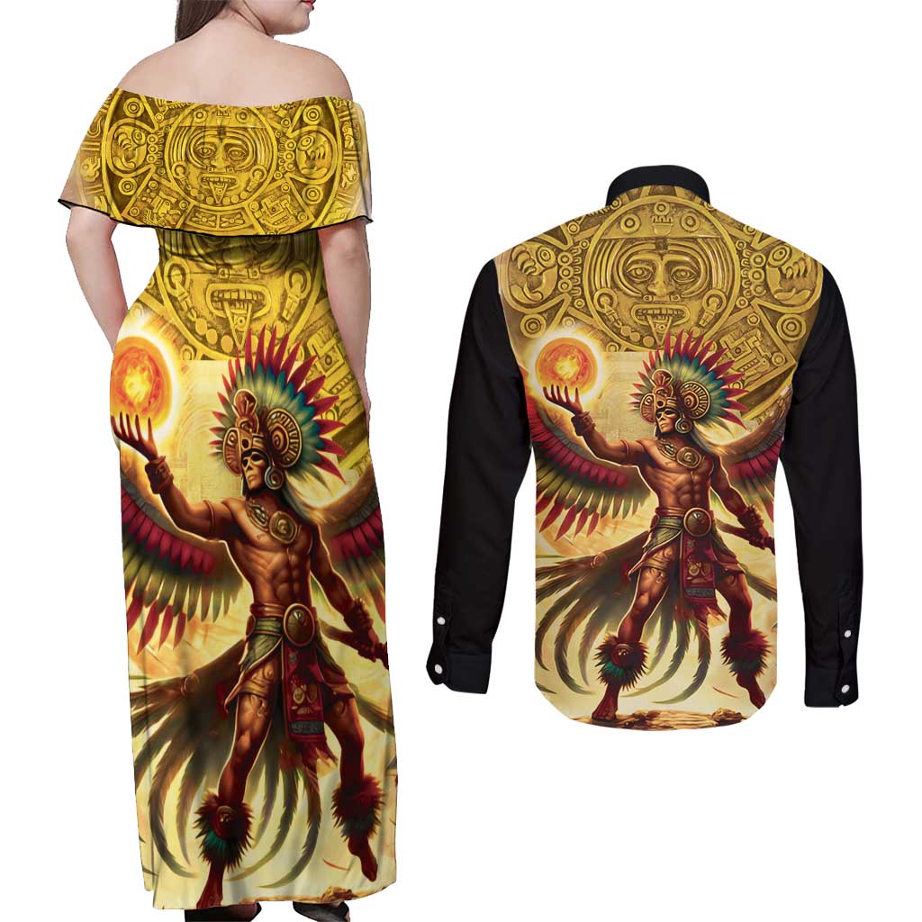 Mexico Panquetzaliztli Couples Matching Off Shoulder Maxi Dress and Long Sleeve Button Shirt Huitzilopochtli - Aztec God of Sun and War - Wonder Print Shop