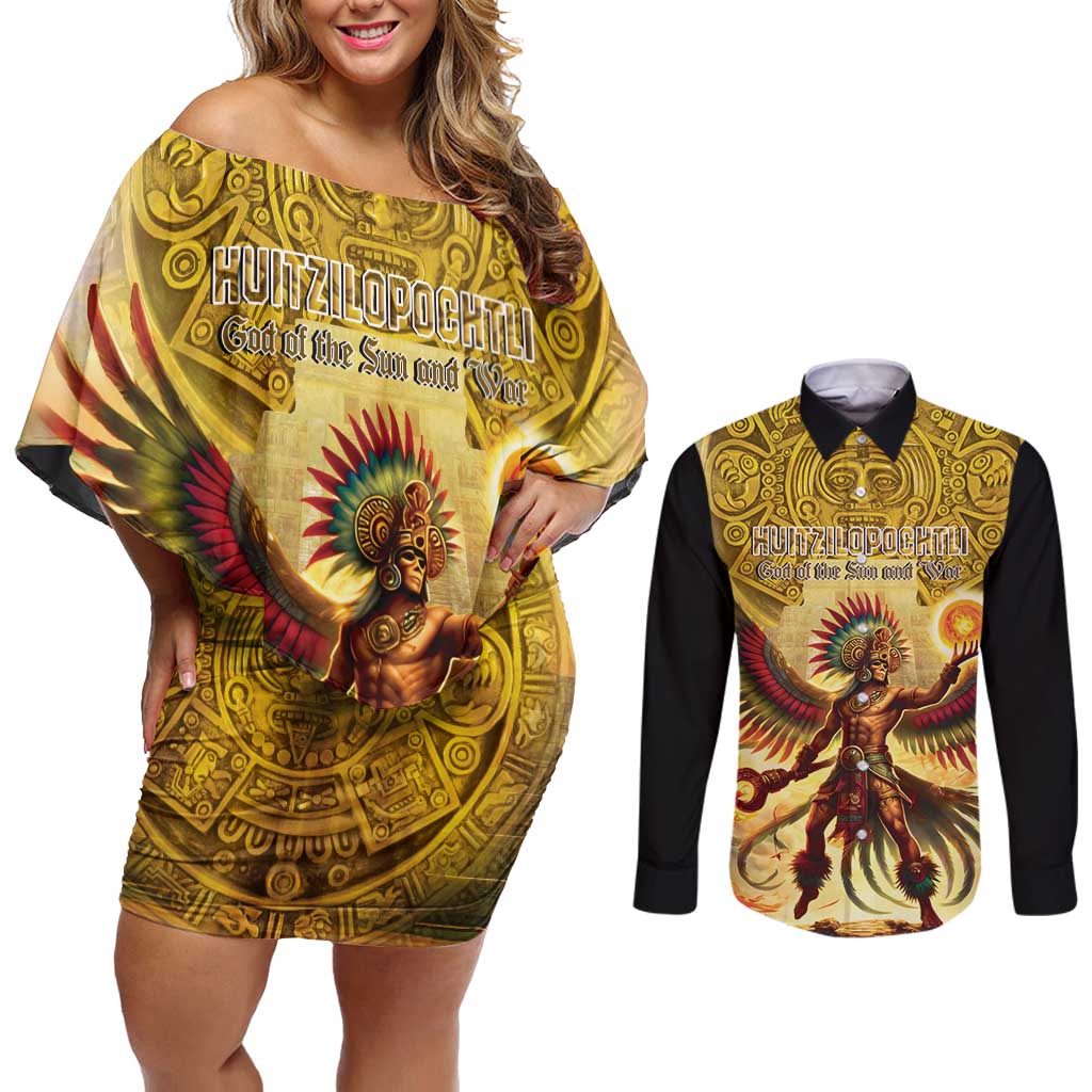 Mexico Panquetzaliztli Couples Matching Off Shoulder Short Dress and Long Sleeve Button Shirt Huitzilopochtli - Aztec God of Sun and War - Wonder Print Shop