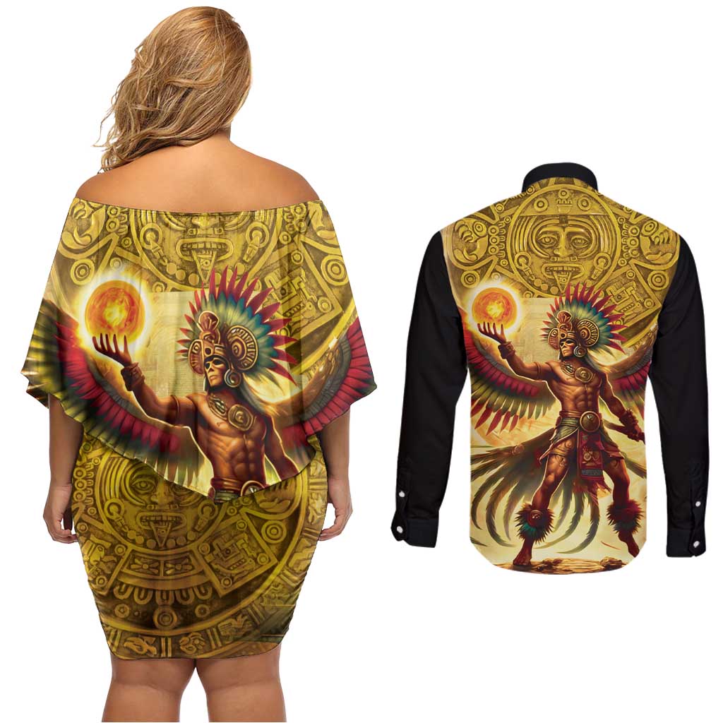Mexico Panquetzaliztli Couples Matching Off Shoulder Short Dress and Long Sleeve Button Shirt Huitzilopochtli - Aztec God of Sun and War - Wonder Print Shop