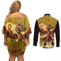 Mexico Panquetzaliztli Couples Matching Off Shoulder Short Dress and Long Sleeve Button Shirt Huitzilopochtli - Aztec God of Sun and War - Wonder Print Shop