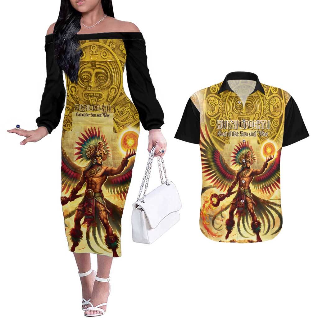 Mexico Panquetzaliztli Couples Matching Off The Shoulder Long Sleeve Dress and Hawaiian Shirt Huitzilopochtli - Aztec God of Sun and War - Wonder Print Shop