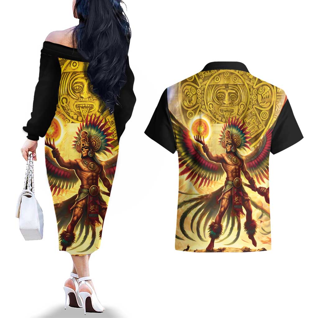 Mexico Panquetzaliztli Couples Matching Off The Shoulder Long Sleeve Dress and Hawaiian Shirt Huitzilopochtli - Aztec God of Sun and War - Wonder Print Shop