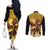 Mexico Panquetzaliztli Couples Matching Off The Shoulder Long Sleeve Dress and Long Sleeve Button Shirt Huitzilopochtli - Aztec God of Sun and War