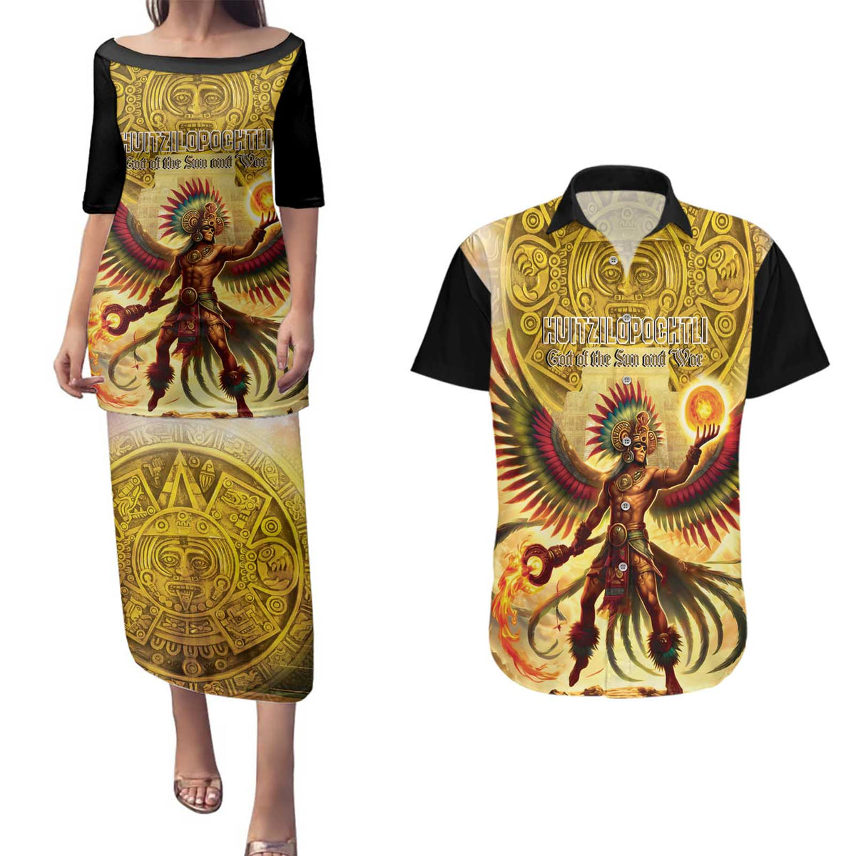 Mexico Panquetzaliztli Couples Matching Puletasi and Hawaiian Shirt Huitzilopochtli - Aztec God of Sun and War - Wonder Print Shop