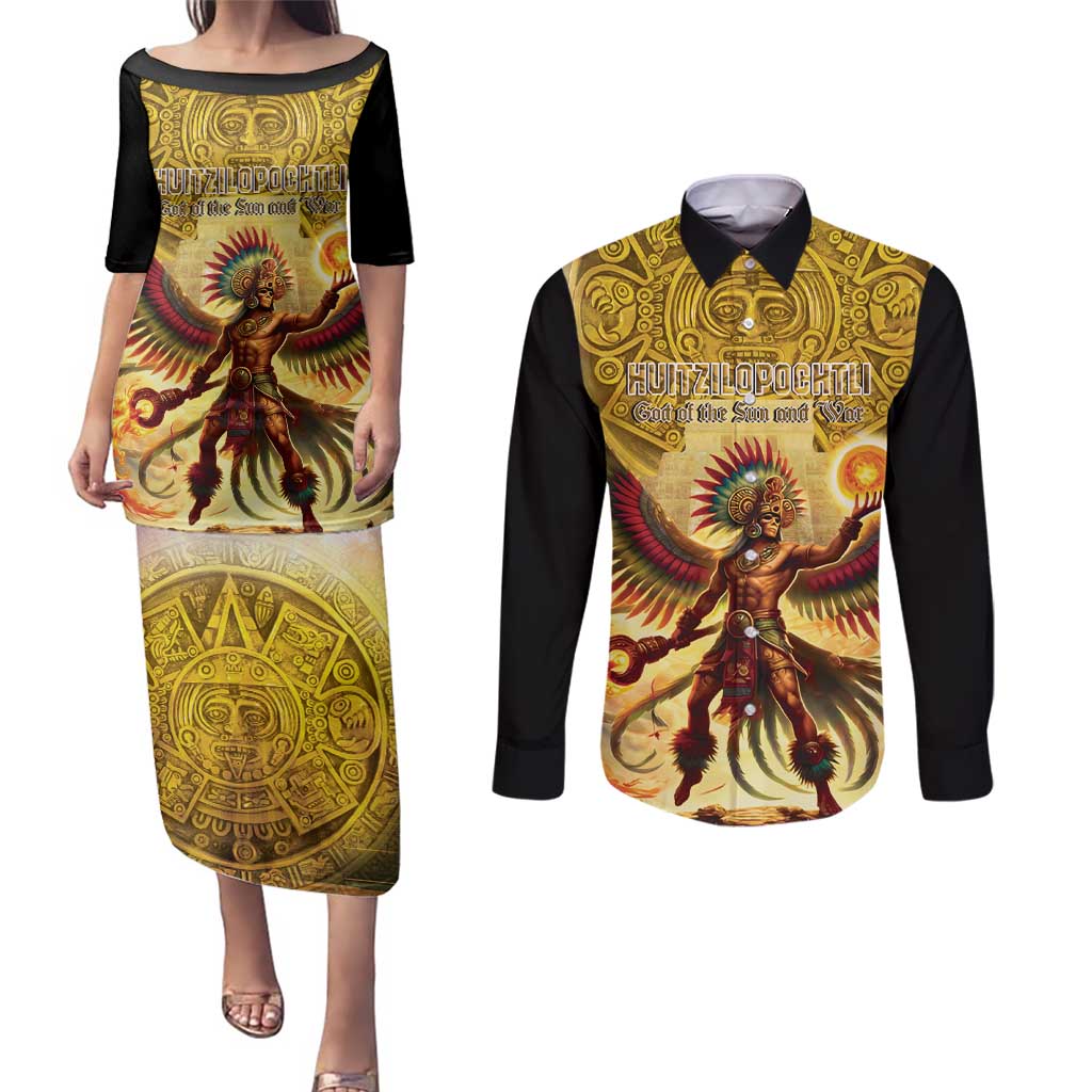 Mexico Panquetzaliztli Couples Matching Puletasi and Long Sleeve Button Shirt Huitzilopochtli - Aztec God of Sun and War - Wonder Print Shop
