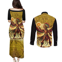 Mexico Panquetzaliztli Couples Matching Puletasi and Long Sleeve Button Shirt Huitzilopochtli - Aztec God of Sun and War - Wonder Print Shop