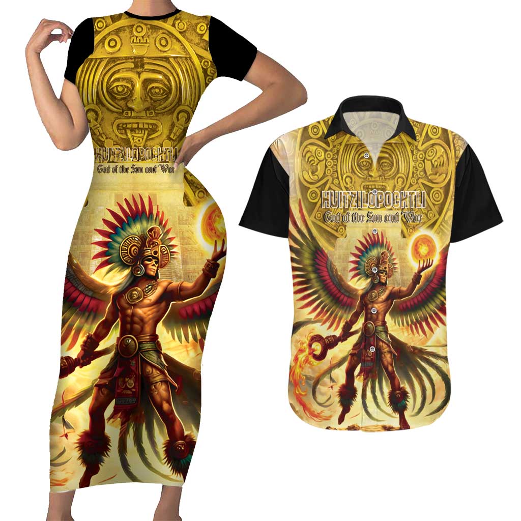 Mexico Panquetzaliztli Couples Matching Short Sleeve Bodycon Dress and Hawaiian Shirt Huitzilopochtli - Aztec God of Sun and War - Wonder Print Shop