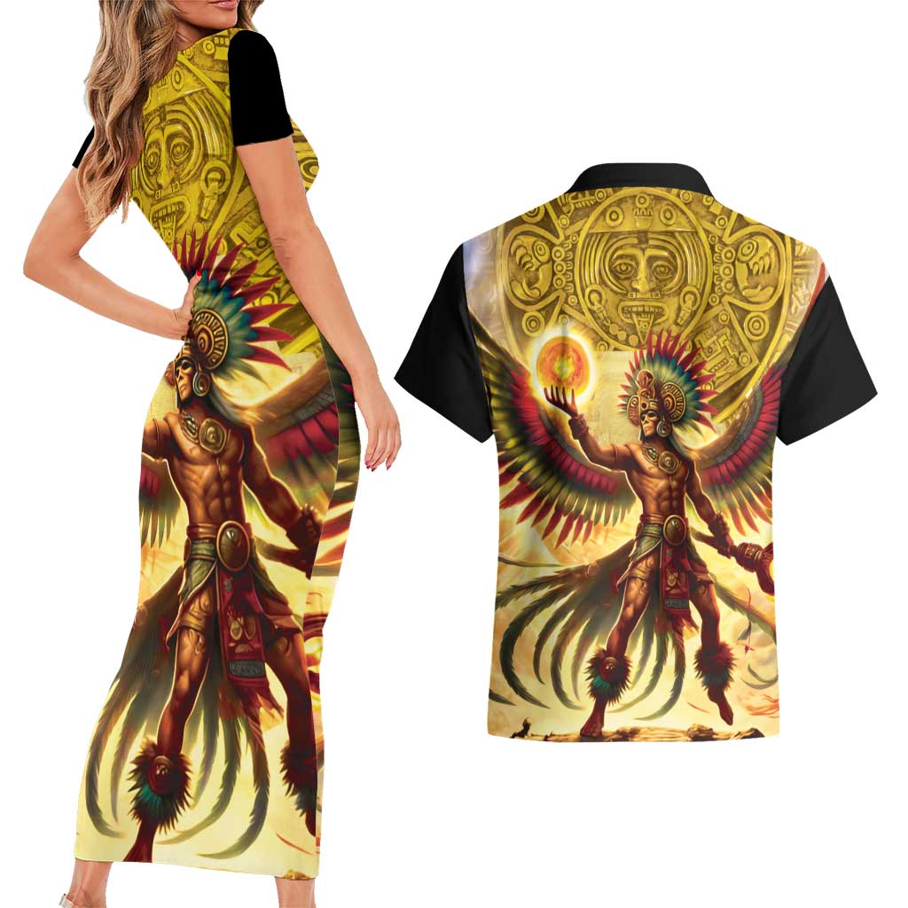 Mexico Panquetzaliztli Couples Matching Short Sleeve Bodycon Dress and Hawaiian Shirt Huitzilopochtli - Aztec God of Sun and War - Wonder Print Shop