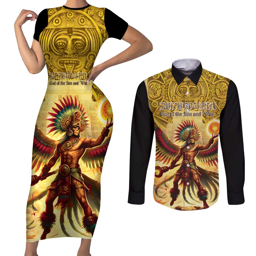 Mexico Panquetzaliztli Couples Matching Short Sleeve Bodycon Dress and Long Sleeve Button Shirt Huitzilopochtli - Aztec God of Sun and War - Wonder Print Shop
