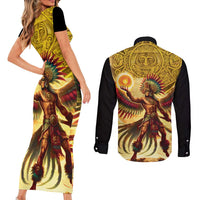 Mexico Panquetzaliztli Couples Matching Short Sleeve Bodycon Dress and Long Sleeve Button Shirt Huitzilopochtli - Aztec God of Sun and War - Wonder Print Shop