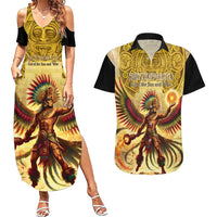 Mexico Panquetzaliztli Couples Matching Summer Maxi Dress and Hawaiian Shirt Huitzilopochtli - Aztec God of Sun and War - Wonder Print Shop