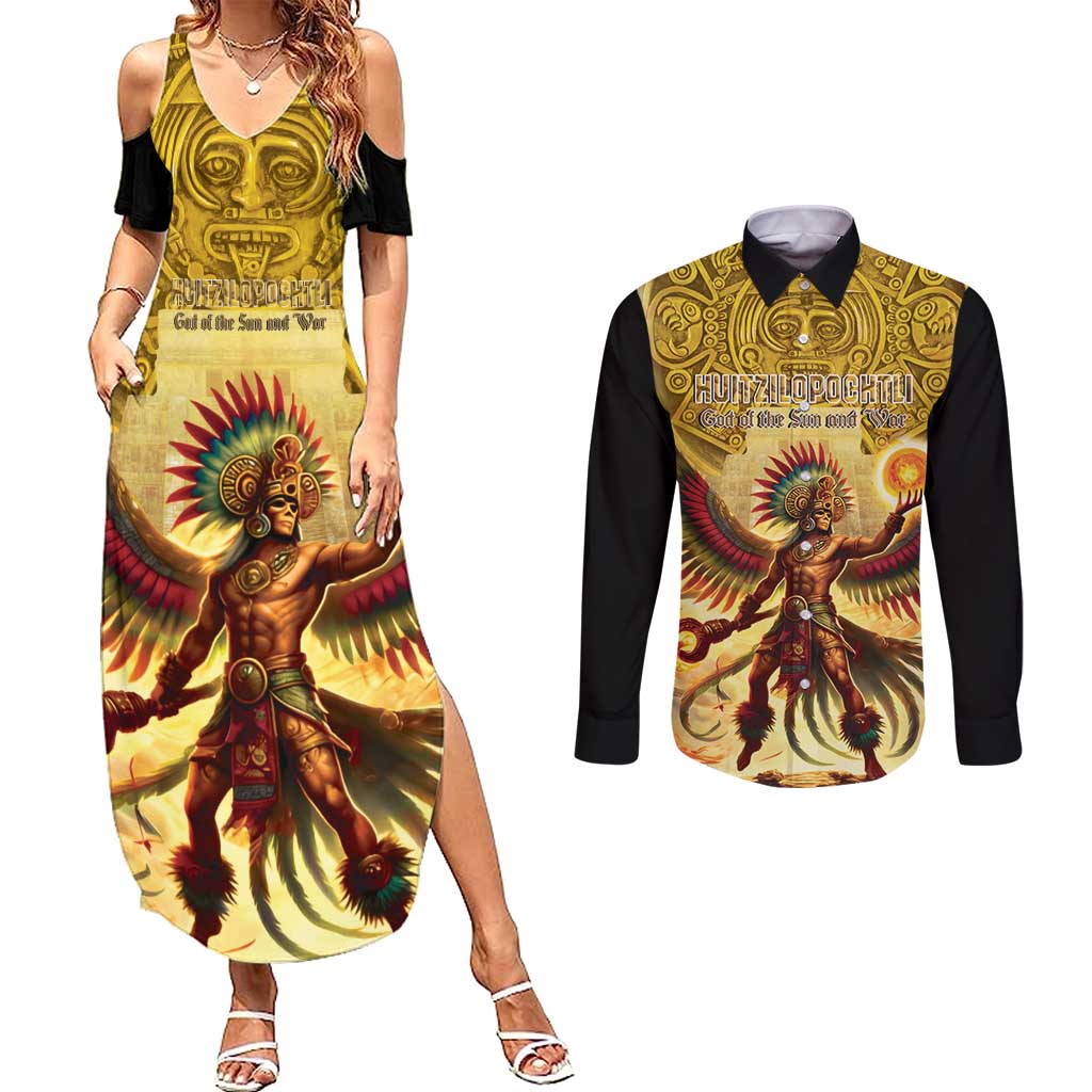 Mexico Panquetzaliztli Couples Matching Summer Maxi Dress and Long Sleeve Button Shirt Huitzilopochtli - Aztec God of Sun and War - Wonder Print Shop