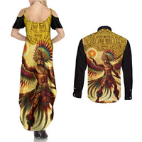 Mexico Panquetzaliztli Couples Matching Summer Maxi Dress and Long Sleeve Button Shirt Huitzilopochtli - Aztec God of Sun and War - Wonder Print Shop