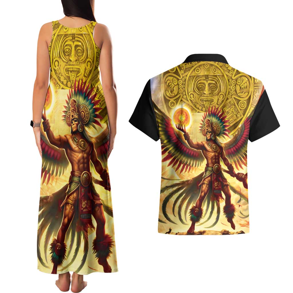 Mexico Panquetzaliztli Couples Matching Tank Maxi Dress and Hawaiian Shirt Huitzilopochtli - Aztec God of Sun and War - Wonder Print Shop