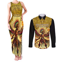 Mexico Panquetzaliztli Couples Matching Tank Maxi Dress and Long Sleeve Button Shirt Huitzilopochtli - Aztec God of Sun and War - Wonder Print Shop