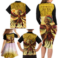 Mexico Panquetzaliztli Family Matching Long Sleeve Bodycon Dress and Hawaiian Shirt Huitzilopochtli - Aztec God of Sun and War - Wonder Print Shop