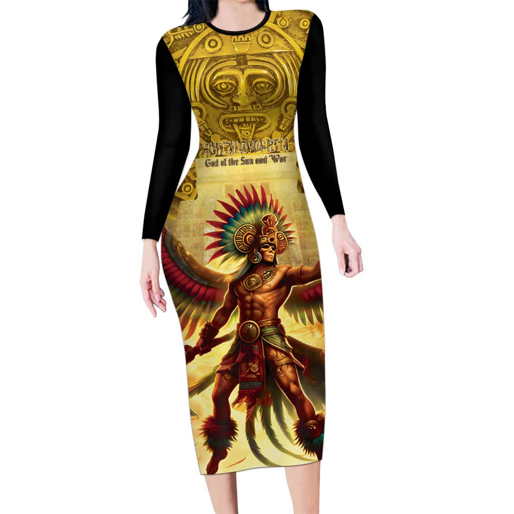 Mexico Panquetzaliztli Family Matching Long Sleeve Bodycon Dress and Hawaiian Shirt Huitzilopochtli - Aztec God of Sun and War - Wonder Print Shop