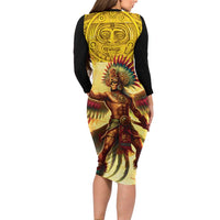 Mexico Panquetzaliztli Family Matching Long Sleeve Bodycon Dress and Hawaiian Shirt Huitzilopochtli - Aztec God of Sun and War - Wonder Print Shop