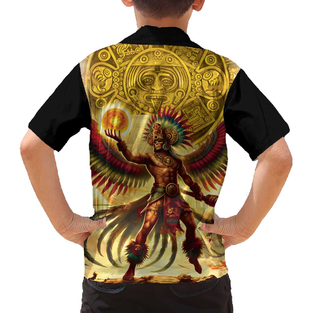 Mexico Panquetzaliztli Family Matching Off The Shoulder Long Sleeve Dress and Hawaiian Shirt Huitzilopochtli - Aztec God of Sun and War - Wonder Print Shop