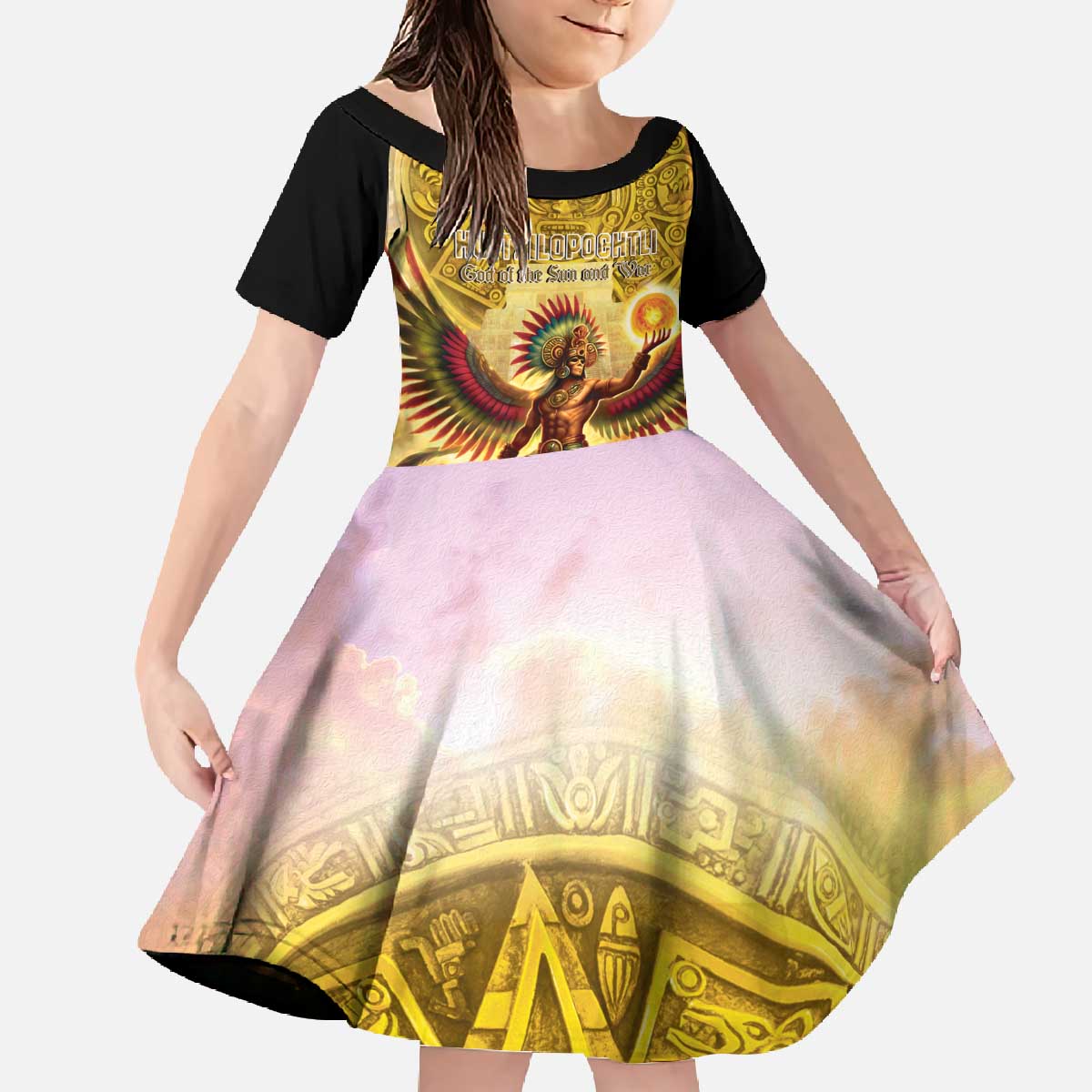 Mexico Panquetzaliztli Family Matching Off The Shoulder Long Sleeve Dress and Hawaiian Shirt Huitzilopochtli - Aztec God of Sun and War - Wonder Print Shop