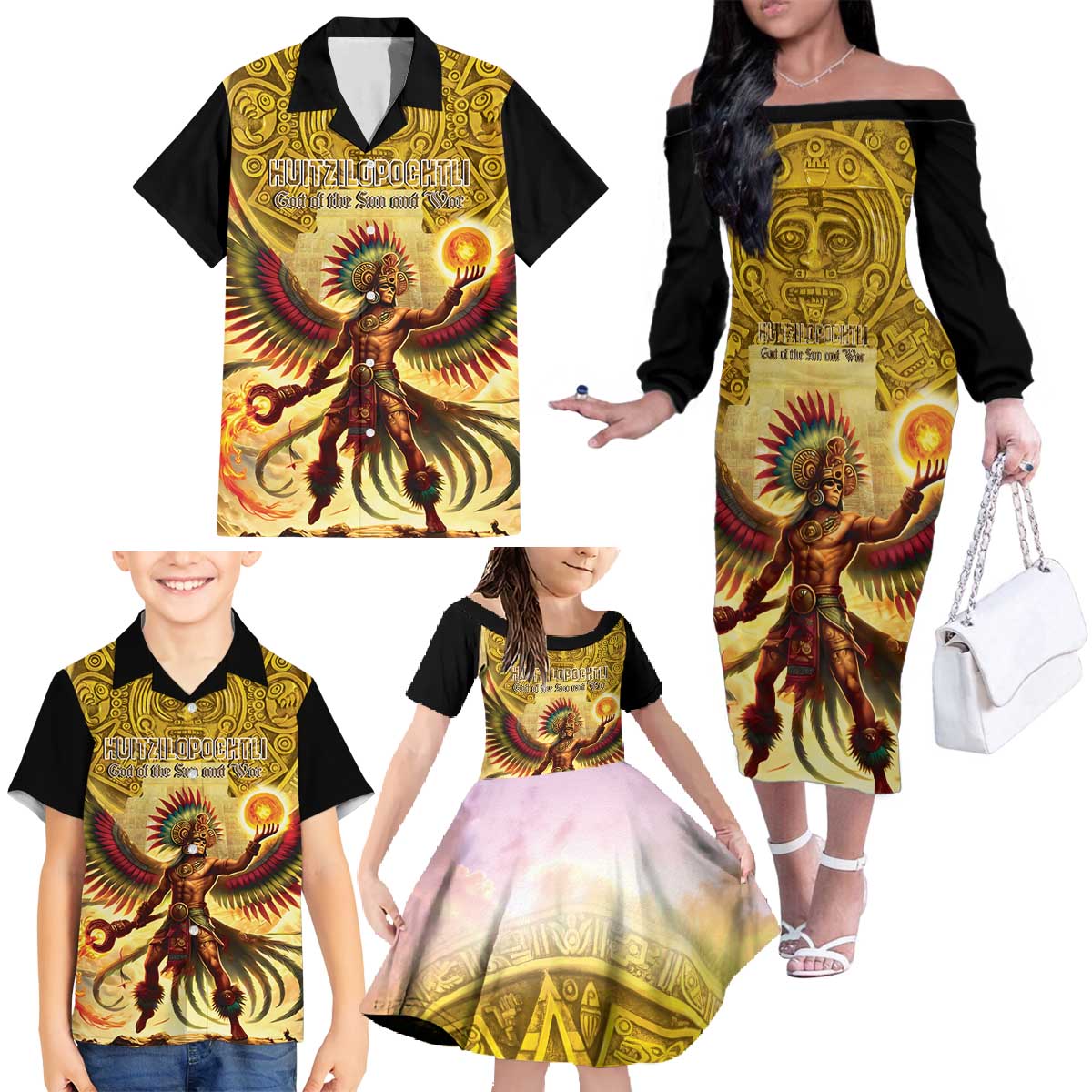 Mexico Panquetzaliztli Family Matching Off The Shoulder Long Sleeve Dress and Hawaiian Shirt Huitzilopochtli - Aztec God of Sun and War - Wonder Print Shop