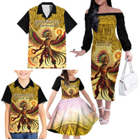 Mexico Panquetzaliztli Family Matching Off The Shoulder Long Sleeve Dress and Hawaiian Shirt Huitzilopochtli - Aztec God of Sun and War - Wonder Print Shop