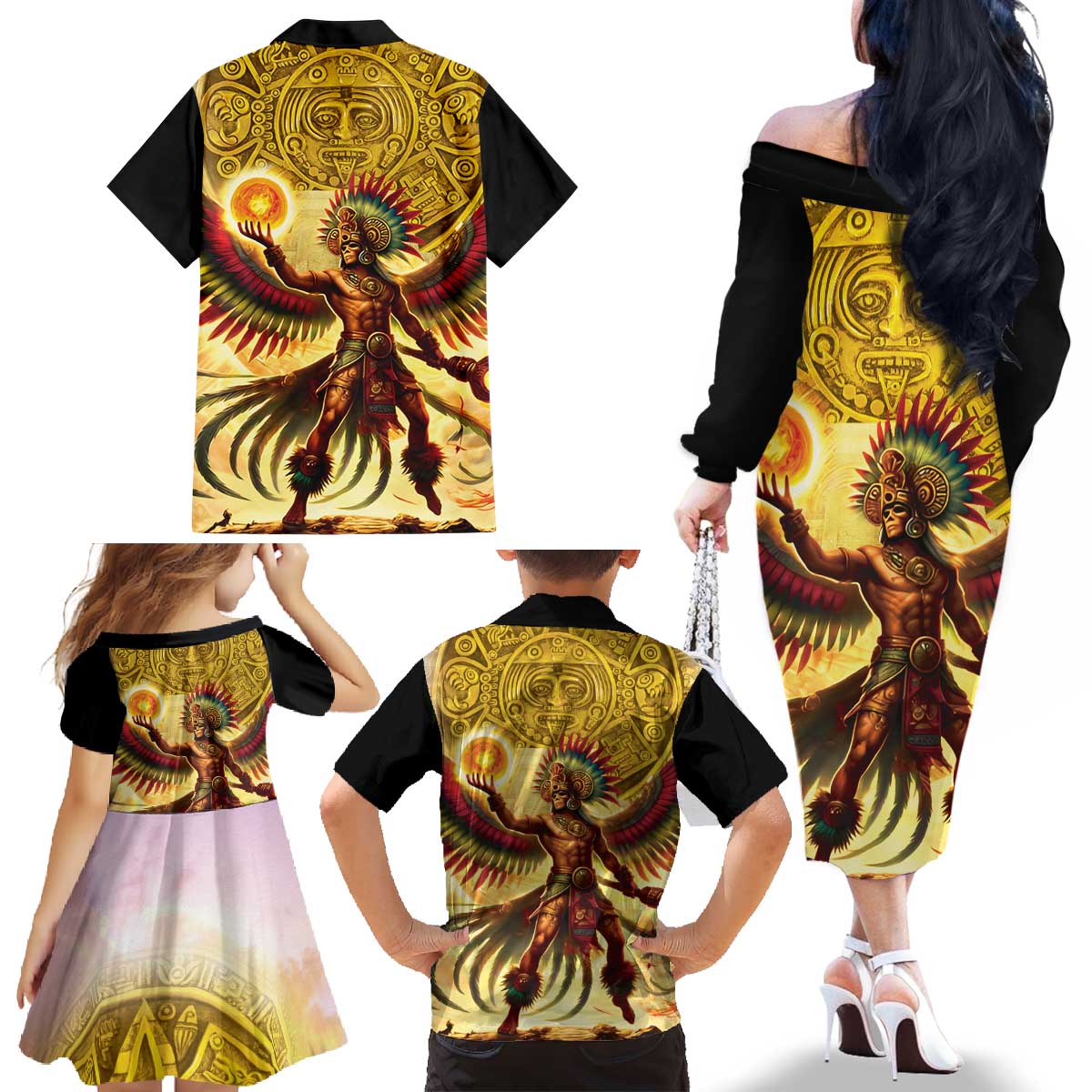 Mexico Panquetzaliztli Family Matching Off The Shoulder Long Sleeve Dress and Hawaiian Shirt Huitzilopochtli - Aztec God of Sun and War - Wonder Print Shop