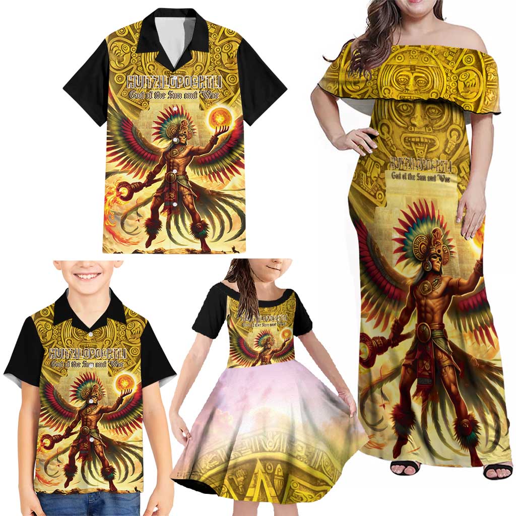 Mexico Panquetzaliztli Family Matching Off Shoulder Maxi Dress and Hawaiian Shirt Huitzilopochtli - Aztec God of Sun and War - Wonder Print Shop