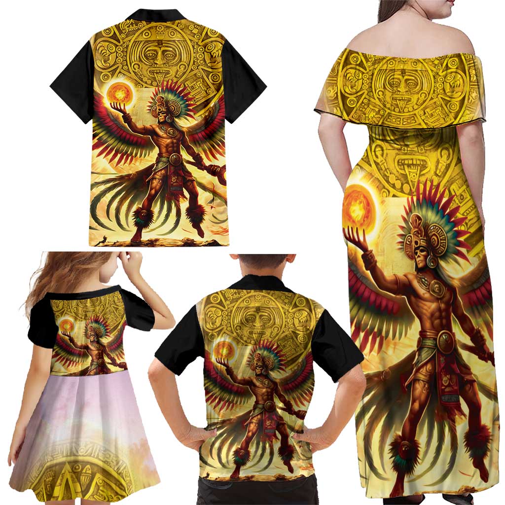Mexico Panquetzaliztli Family Matching Off Shoulder Maxi Dress and Hawaiian Shirt Huitzilopochtli - Aztec God of Sun and War - Wonder Print Shop